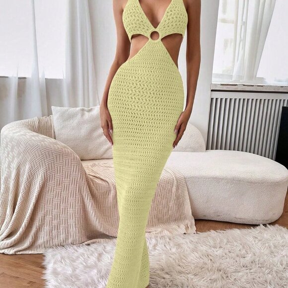 Yellow Sexy Women's Vacation Side Cutout Halter Lace-Up Knitted Dress - Picture 3 of 8